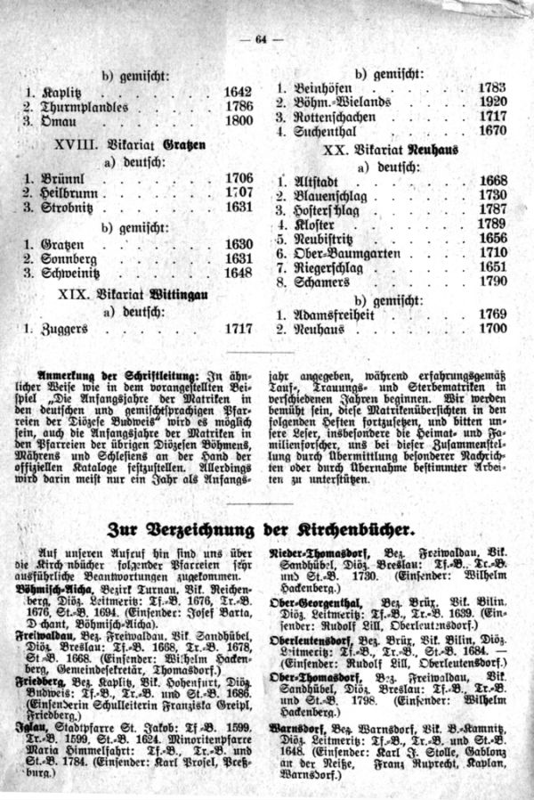 Zur Verzeichnung der Kirchenbücher