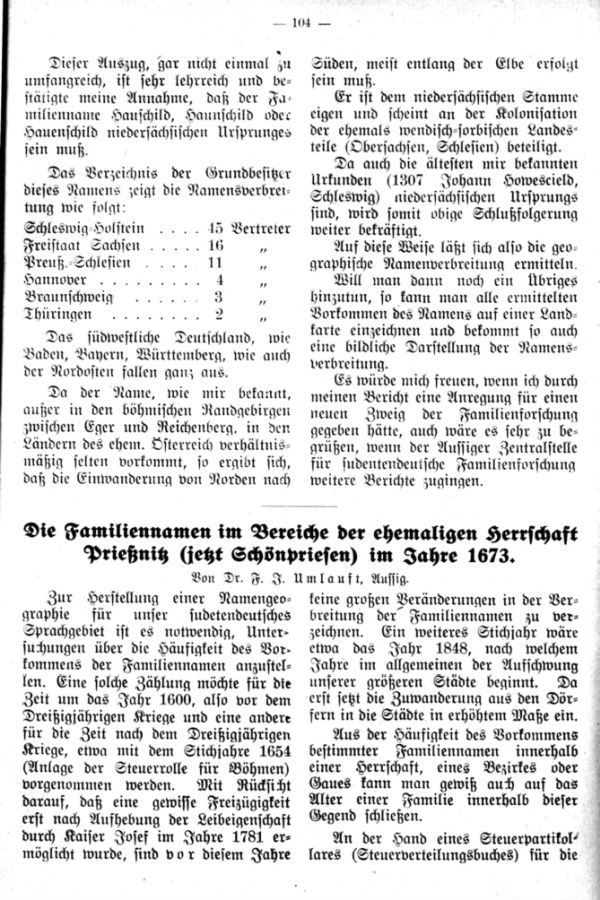 Die Familiennamen im Bereiche des ehemaligen Herrschaft Prießnitz (jetzt Schönprießen) im Jahre 1673