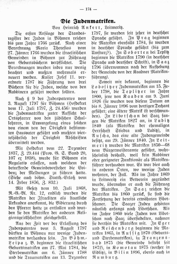 Die Judenmatriken. Von H. Ankert, Leitmeritz