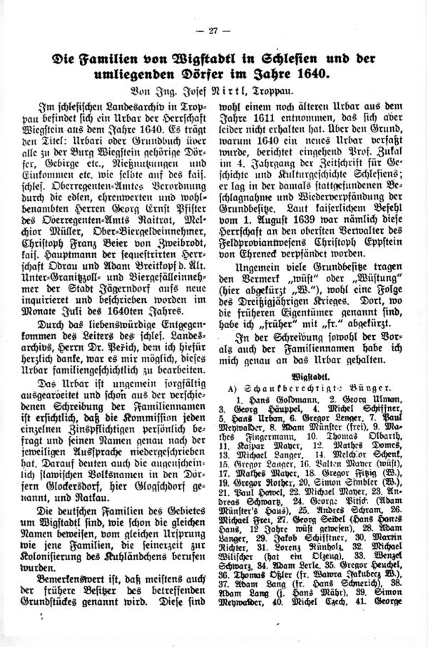 Die Familien von Wigstadtl in Schlesien und der umliegenden Dörfer im Jahre 1640 - 1