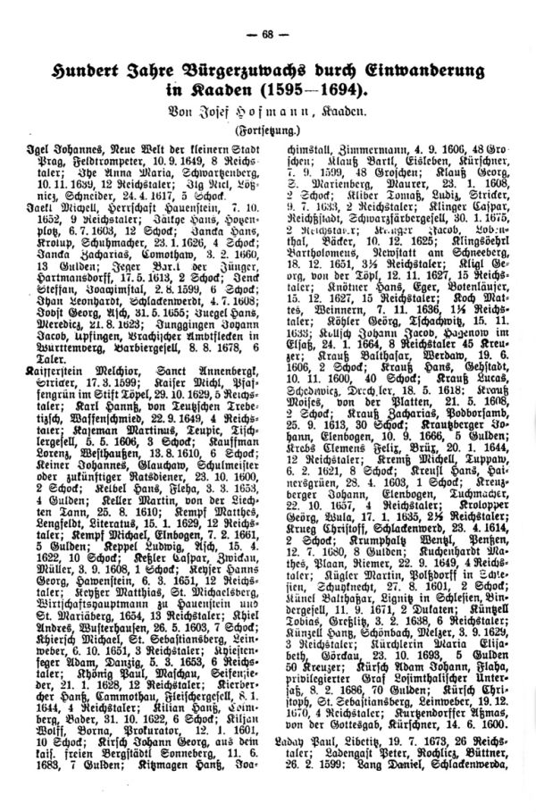 Hundert Jahre Bürgerzuwachs durch Einwanderung in Kaaden (1595-1694) - 1