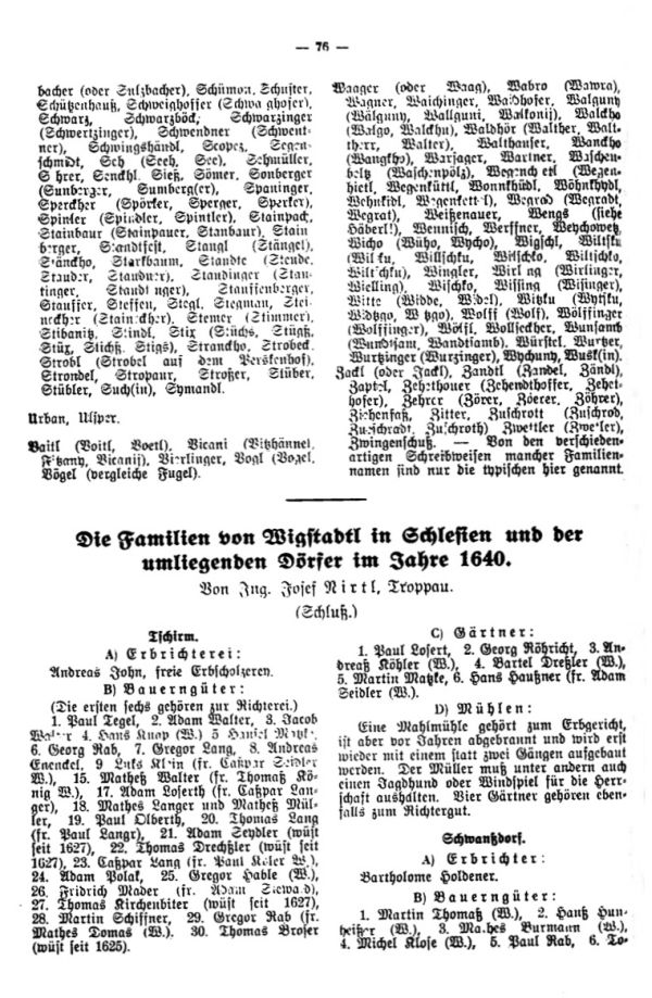 Die Familien von Wigstadtl in Schlesien und der umliegenden Dörfer im Jahre 1640 - 1