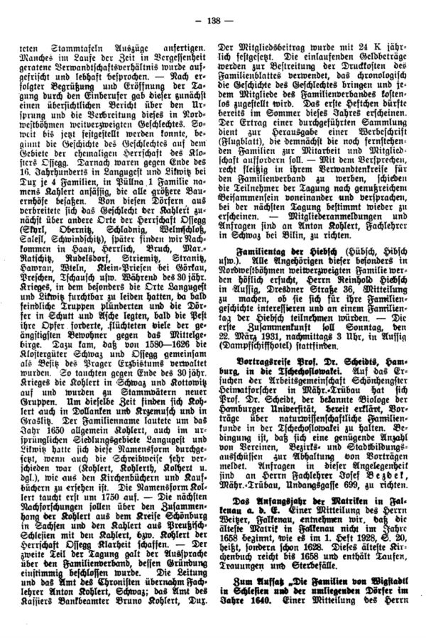 Familientag der Hiebsch - Das Anfangsjahr der Matriken in Falkenau a.d.E. - Zum Aufsatz: Die Familien von Wigstadtl in Schlesien und der umliegenden Dörfer im Jahre 1640