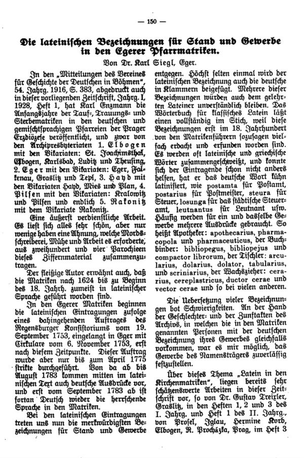 Die lateinischen Bezeichnungen für Stand und Gewerbe in den Egerer Pfarrmatriken - 1