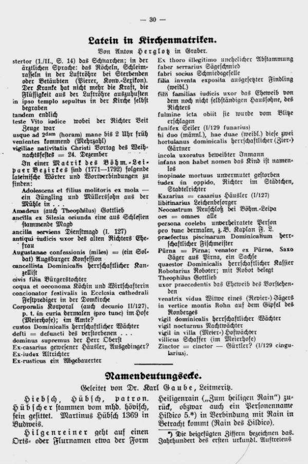 Latein in Kirchenmatriken - Namensdeutungsecke