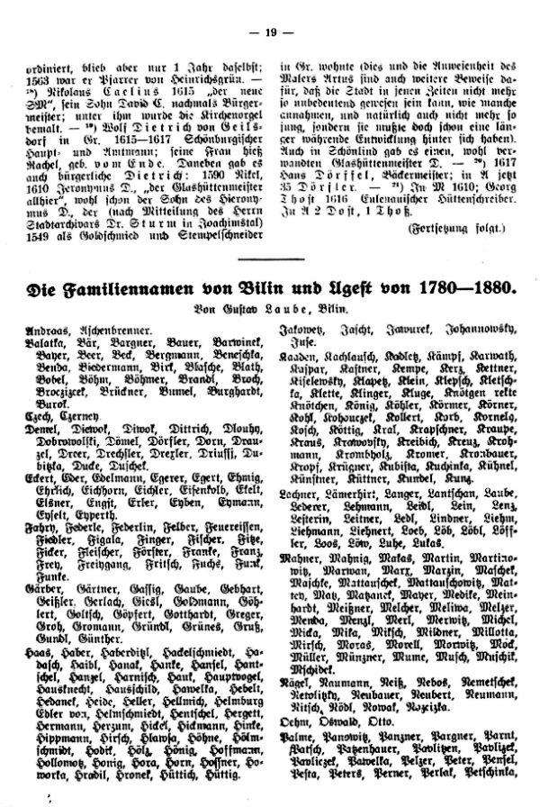 Die Familiennamen von Bilin und Ugest von 1780-1880