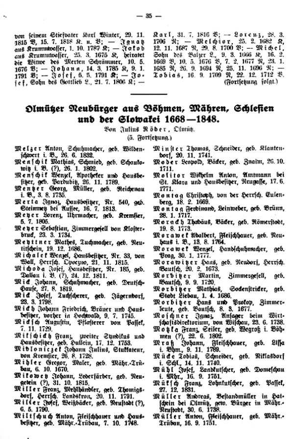 Olmützer Neubürger aus Böhmen, Mähren, Schlesien und der Slowakei 1668-1848 - 1