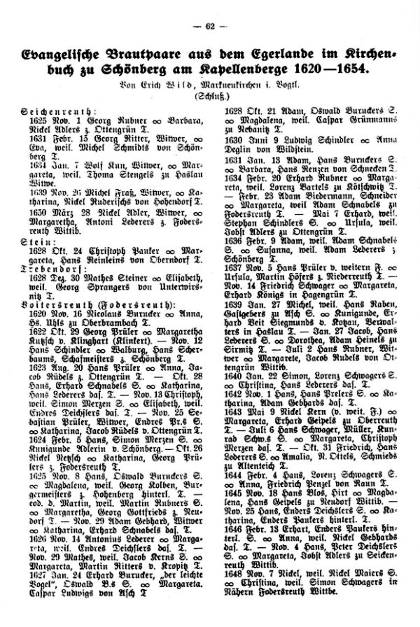 Evangelische Brautpaare aus dem Egerlande im Kirchbuch zu Schönberg am Kapellenberge 1620-1654