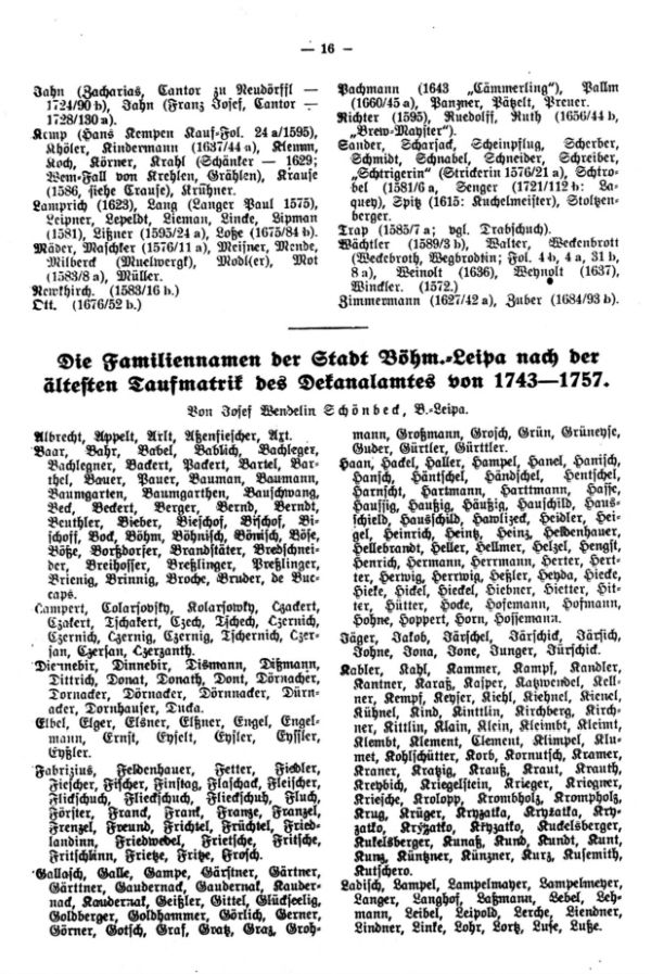 Die Familiennamen der Stadt Böhm.-Leipa nach der ältesten Taufmatrik des Dekanalamtes von 1743-1757