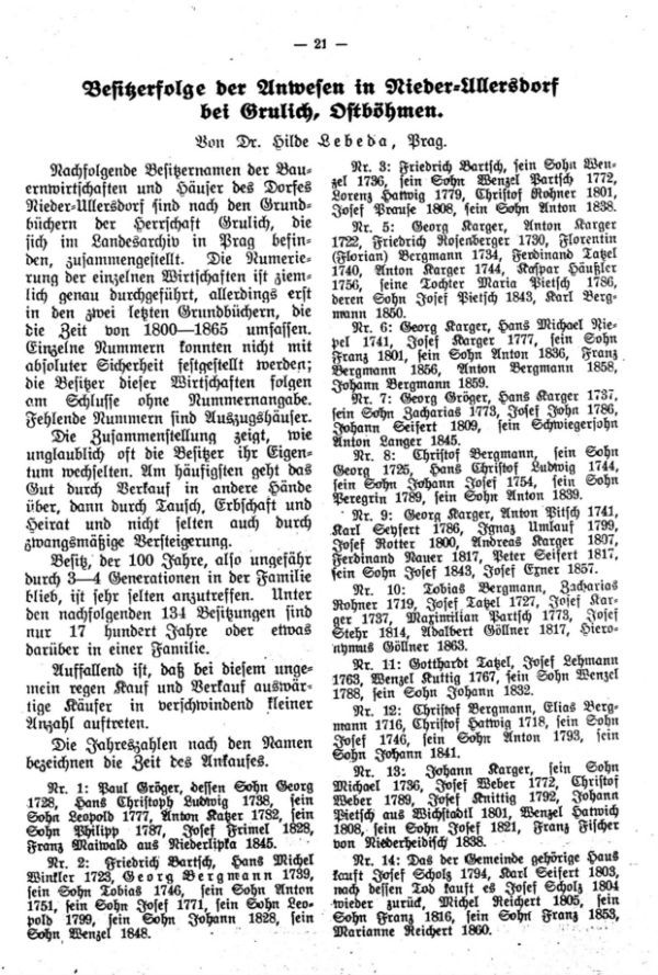 Besitzerfolgen der Anwesen in Nieder-Ullersdorf bei Grulich, Ostböhmen - 1