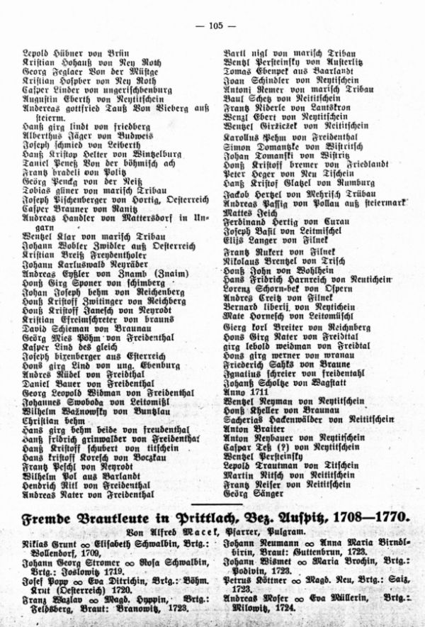 Fremde Brautleute in Prittlach, Bez. Auspitz, 1708-1770 - 1