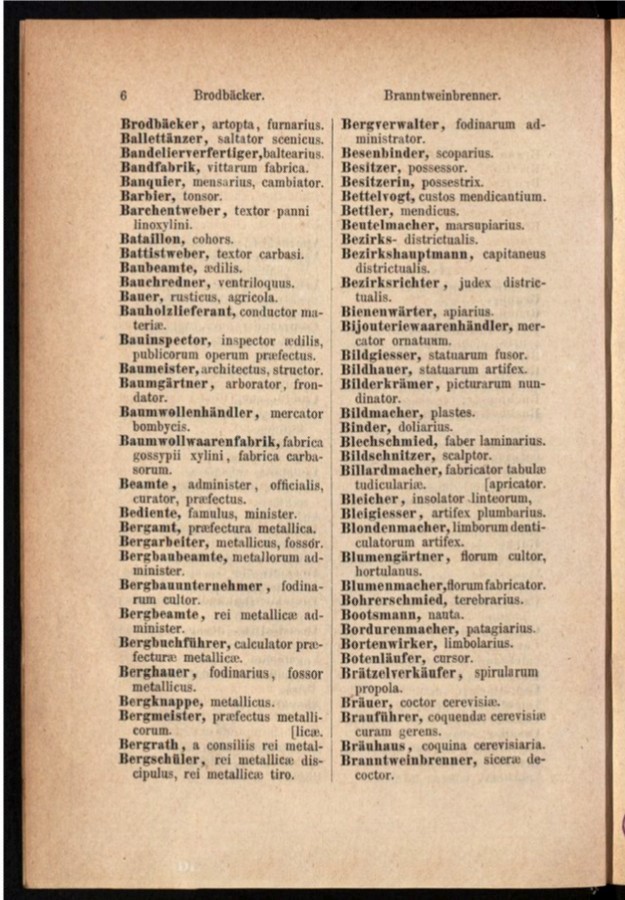 Teil 1 Deutsch - Latein / von 'Brodbäcker' bis 'Branntweinbrenner'